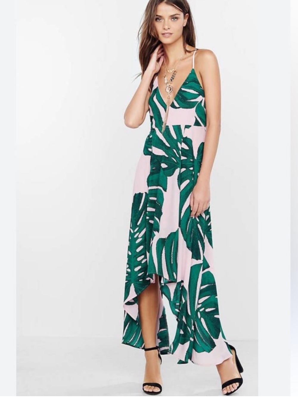 EXPRESS Green Palm Leaf Print Pink Maxi Dress